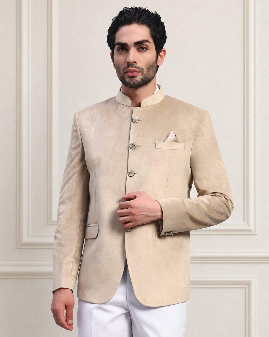 Men's Beige Velvet Bandhgala Party Wear Blazer